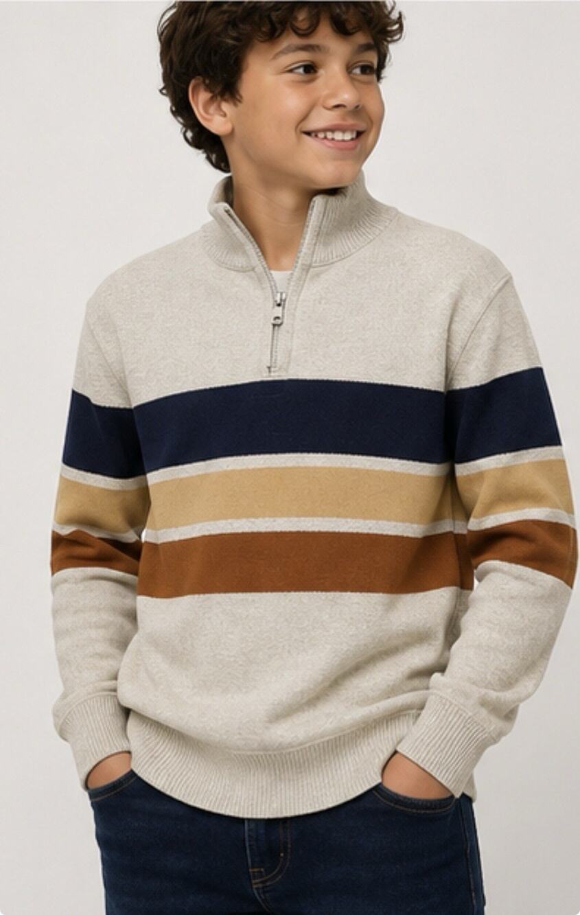 Faze 1 Boys L 14-16 Striped Quarter Zip Sweater Oatmeal Navy Rust NWT
